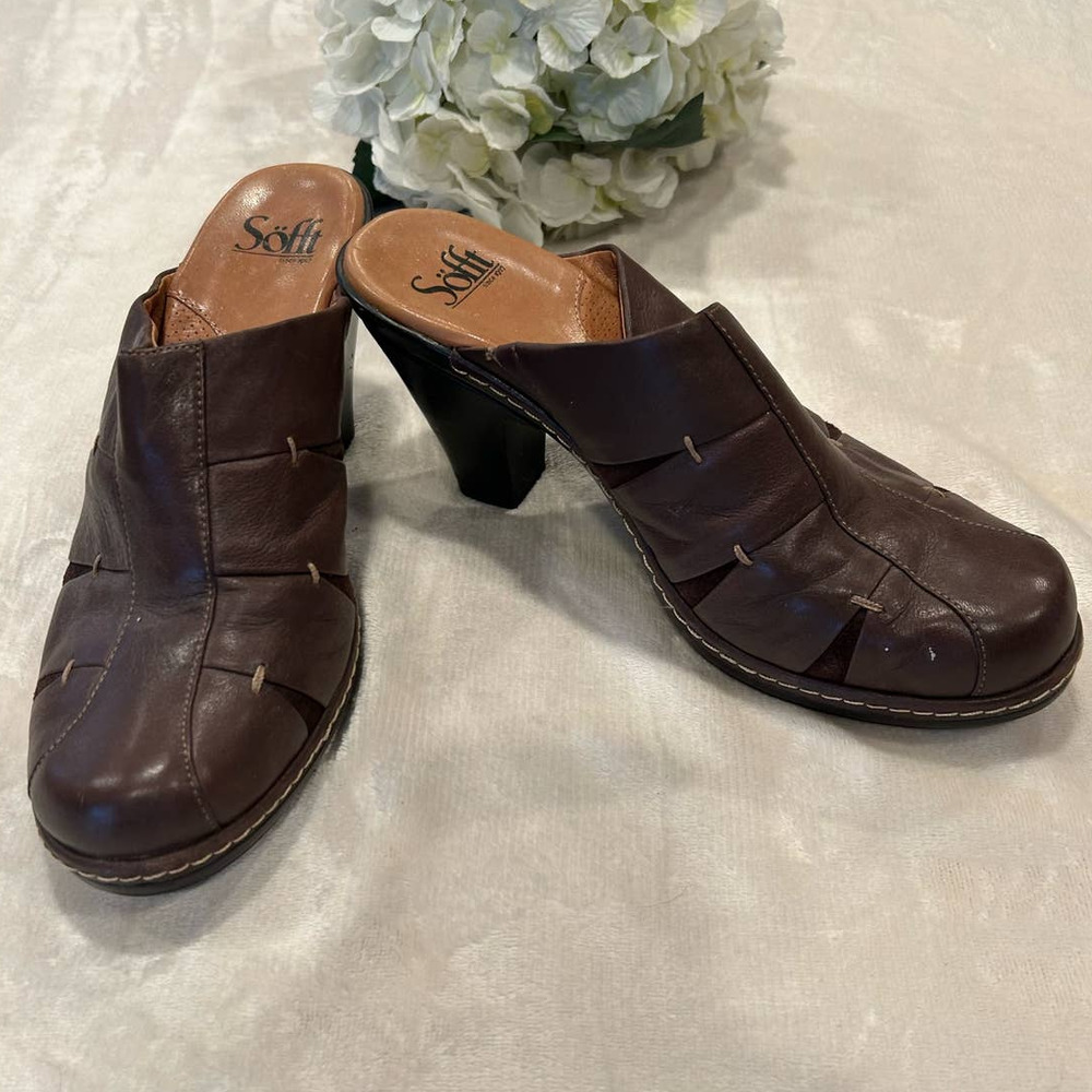 Sofft Brown Leather Mule Comfy Slip On Heels, Size 8.5